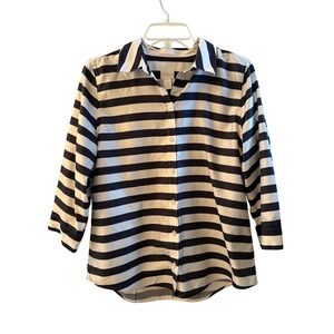 Chicos No Iron Shirt Navy Blue White Striped 3/4 Sleeve Preppy Nautical Sz 0 (S)